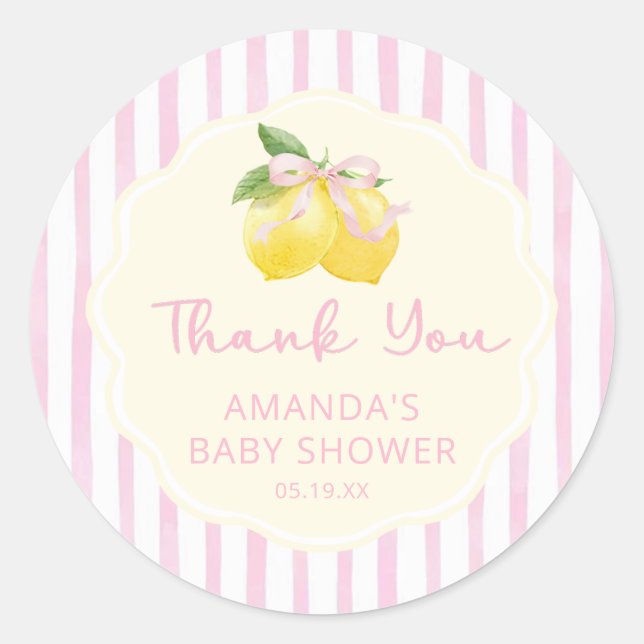 Pink Bow Lemon Baby Shower Sticker (Front)