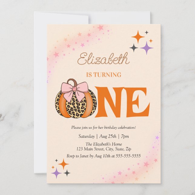 Pink Bow Leopard Pumpkin Girl 1st Birthday Invitation (Front)