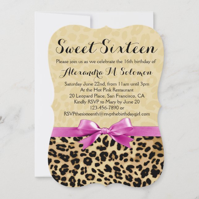 Pink Bow Leopard Sweet 16 Party Invitation (Front)