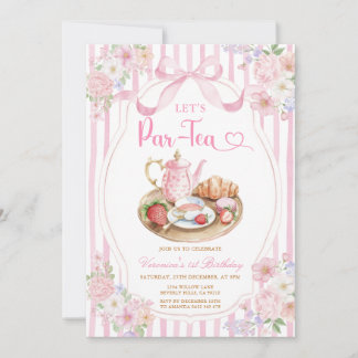 Pink Bow Let’s Par-tea Girl Birthday Stripe Floral Invitation