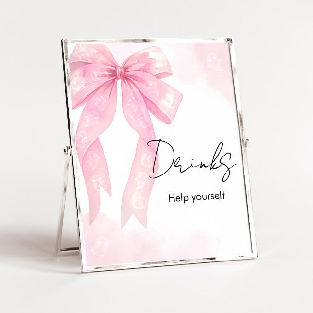 Pink Bow Little Boo Shower Drinks Sign (Girl Coquette Halloween Baby Shower Drinks Sign)