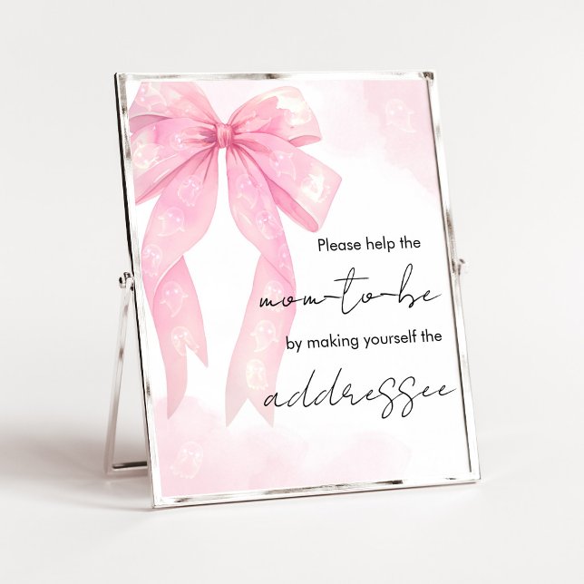Pink Bow Little Boo Shower Envelope Station Sign (Girl Coquette Halloween Baby Shower Envelope Station Sign)