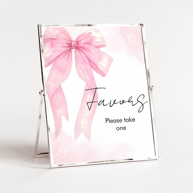 Pink Bow Little Boo Shower Favours Sign (Girl Coquette Halloween Baby Shower Favors SIgn)