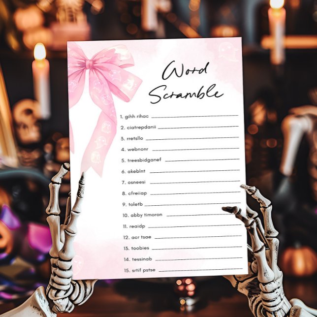 Pink Bow Little Boo Word Scramble Game (Girl Coquette Halloween Baby Shower Word Scramble Game)