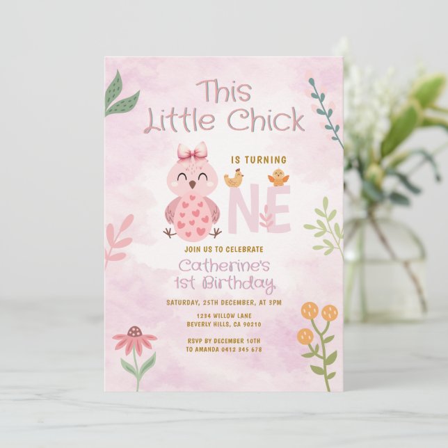 Pink Bow  Little Chicks is turning ONE  Birthday Invitation (Standing Front)