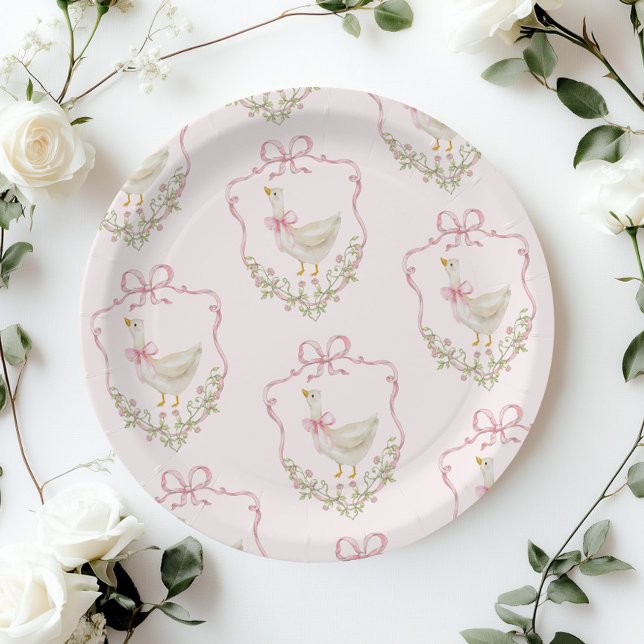 Pink Bow Little Goose floral Crest baby shower Paper Plate (Creator Uploaded)