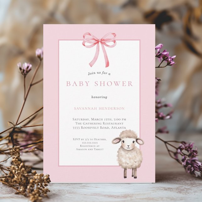 Pink Bow Little Lamb Baby Shower Invitation (Creator Uploaded)