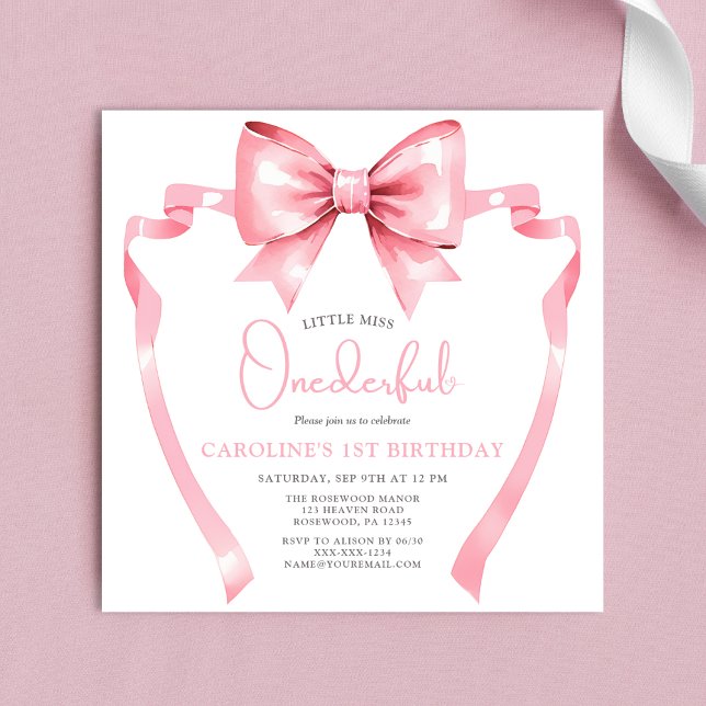 Pink Bow Little Miss Onederful First Birthday Invitation (Creator Uploaded)