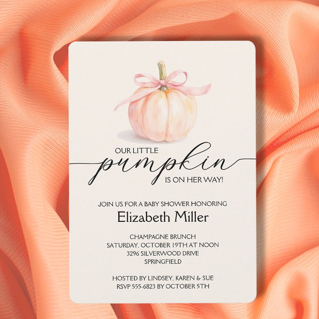 Pink Bow Little Pumpkin Baby Shower Invitation (Pink ribbon and bow little pumpkin girl baby shower invitations)