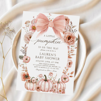 Pink Bow Little Pumpkin Baby Shower Invitation 