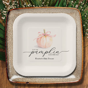 Pink Bow Little Pumpkin Baby Shower Paper Plate
