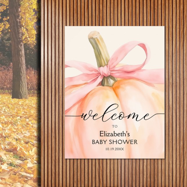 Pink Bow Little Pumpkin Baby Shower Welcome Poster (Girl baby shower pumpkin welcome poster, PRINTED and/or INSTANT DOWNLOAD, choose size when ordering)