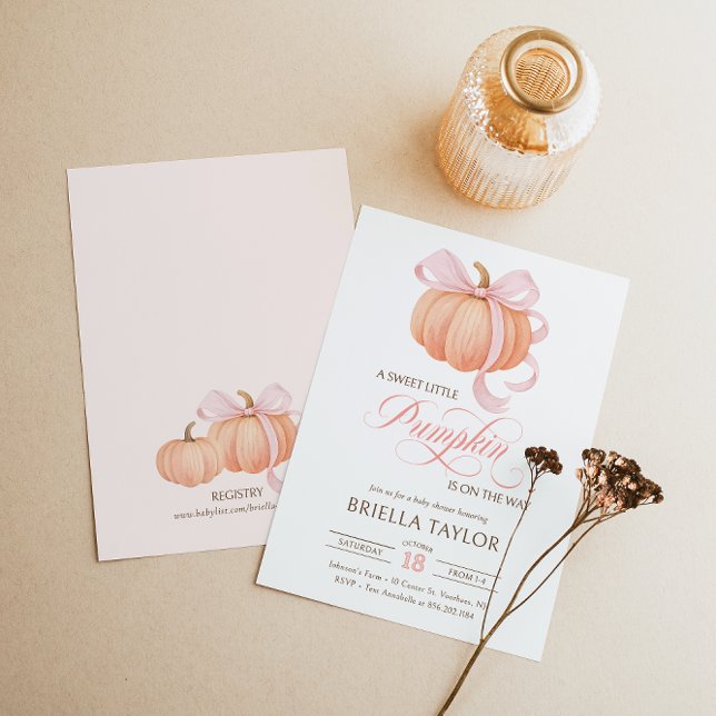 Pink Bow Little Pumpkin Elegant Baby Shower Invitation (Creator Uploaded)