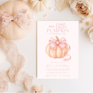 Pink Bow Little Pumpkin First Birthday Coquette Invitation