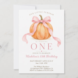 Pink Bow Little Pumpkin First Birthday Invitation