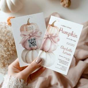 Pink Bow Little Pumpkin Girl Baby Shower QR Code  Invitation