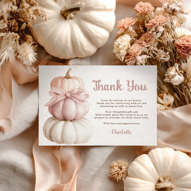Pink Bow Little Pumpkin Girl Baby Shower Thank You Card (Pink Bow Little Pumpkin Girl Baby Shower Thank You Card)