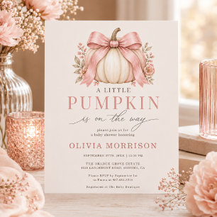 Pink Bow Little Pumpkin on the Way Baby Shower Invitation