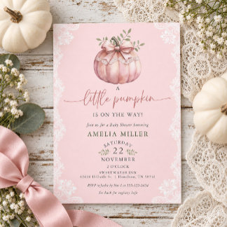 Pink Bow Little Pumpkin on the Way Baby Shower Invitation