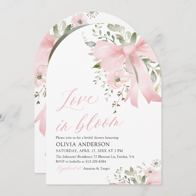 Pink Bow Love in Bloom Floral Arch Bridal Shower Invitation (Front/Back)