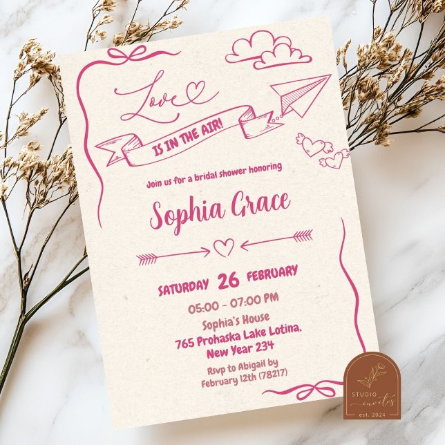 Pink Bow Love In The Air Valentine Bridal Shower Invitation (Creator Uploaded)