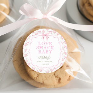 Pink Bow Love Shack Girl Baby Shower  Classic Round Sticker