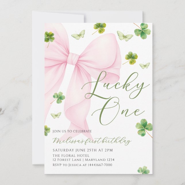 Pink Bow Lucky One Shamrock Clover 1st Birthday Invitation (Front)
