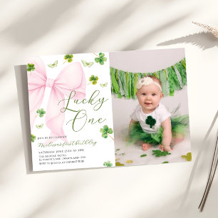 Pink Bow Lucky One Shamrock Clover 1st Birthday    Invitation