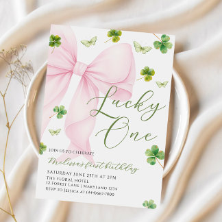Pink Bow Lucky One Shamrock Clover 1st Birthday Invitation