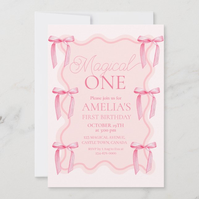 Pink Bow Magical One Birthday Party  Invitation (Front)