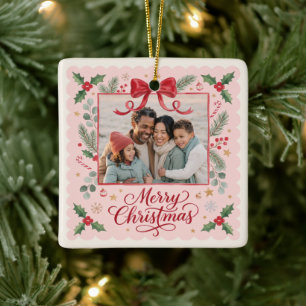 Pink Bow Merry Christmas Family Photo Ceramic Ornament