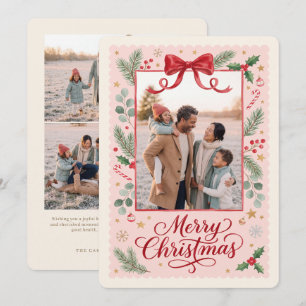 Pink Bow Merry Christmas Family Photo Holiday Card