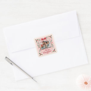 Pink Bow Merry Christmas Family Photo Square Sticker
