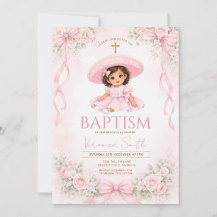 Pink Bow Mexican Baptism Charra Invitation