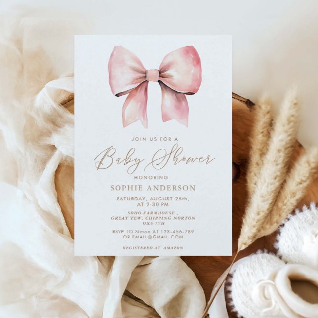 Pink Bow Minimalist Girl Baby Shower Invitation (Creator Uploaded)