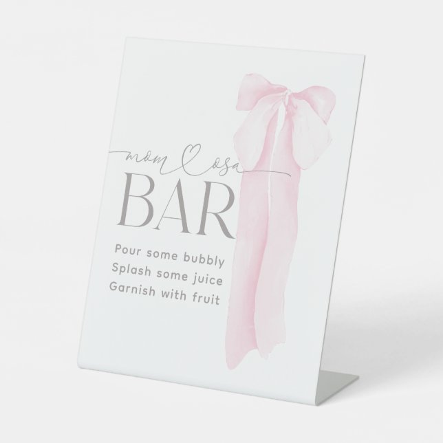 Pink Bow Minimalist Girl Baby Shower Momosa Bar Pedestal Sign (Front)