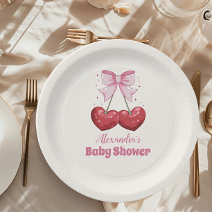 Pink Bow Minimalist Girl Baby Shower Paper Plate