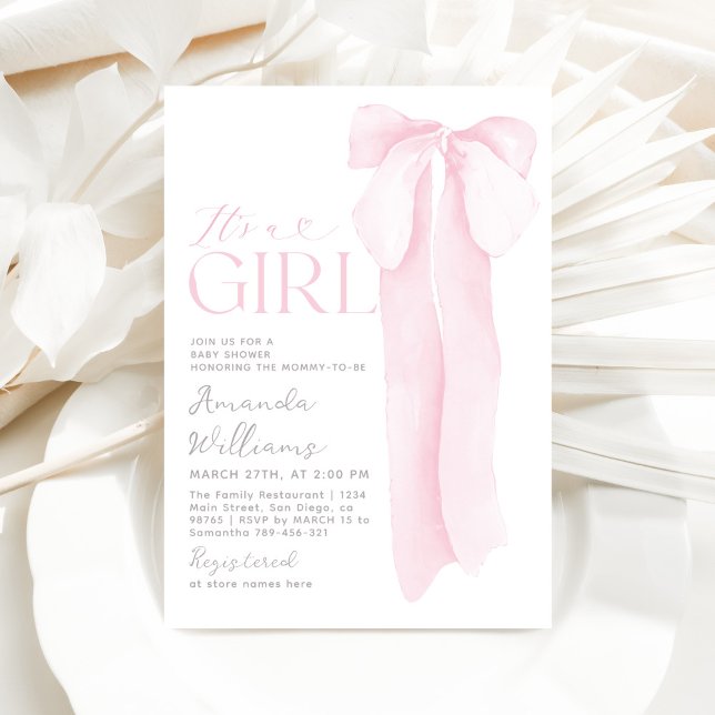 Pink Bow Minimalist It's a Girl Baby Shower Invitation (Creator Uploaded)