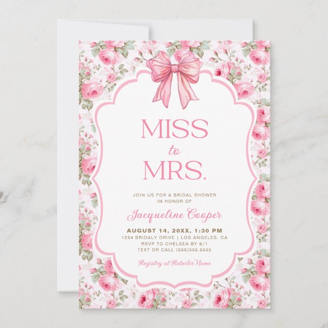 Pink Bow Miss to Mrs Bridal Shower Invitation (Front)
