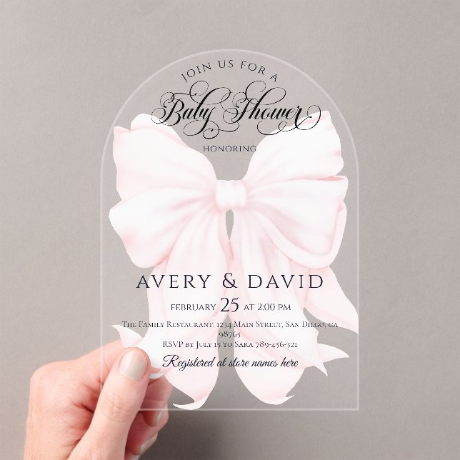 Pink Bow Modern Elegant Girl Baby Shower Acrylic Invitations (Insitu (Handheld))