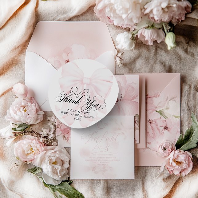 Pink Bow Modern Elegant Girl Baby Shower Classic Round Sticker (Creator Uploaded)