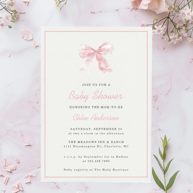 Pink Bow Modern Minimalist Girl Baby Shower Invitation (Creator Uploaded)
