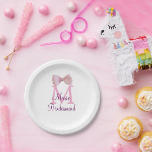 pink bow monogram bridesmaid modern girly rustic l paper plate