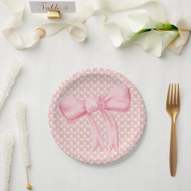 Pink Bow Monogram Heart Paper Plate (Wedding)