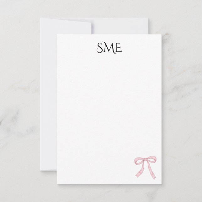 Pink Bow Monogram Watercolor Thank You Card (Front)