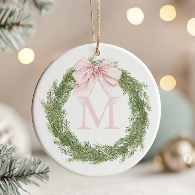 Pink Bow Monogram Wreath Christmas Ceramic Tree Decoration (Creator Uploaded)