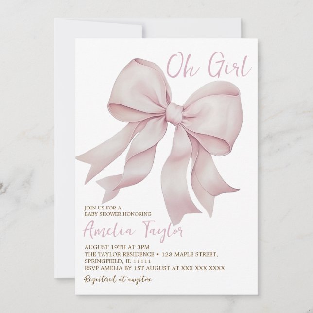 Pink Bow Oh Girl Elegant Baby Shower Invitation (Front)