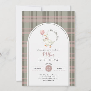 Pink Bow One Little Goose Baby 1st Birthday Party Invitation