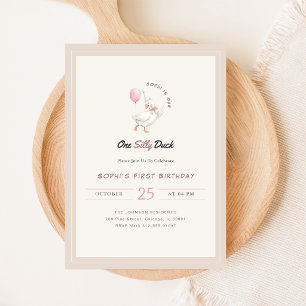 Pink Bow One Silly Duck Boy Girl 1st Birthday Invitation