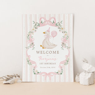 Pink Bow One Silly Goose 1st Birthday Welcome Poster